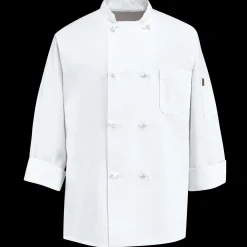 Red Kap Eight Knot Button Chef Coat with Thermometer Pocket White Hot