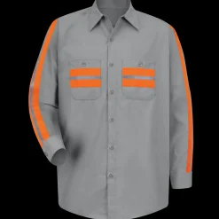Red Kap Long Sleeve Enhanced Visibility Shirt Grey w/ Orange Visibility Trim Sale