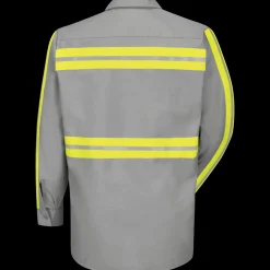 Red Kap Long Sleeve Enhanced Visibility Industrial Work Shirt Grey w/ Yellow Visibility Trim Sale
