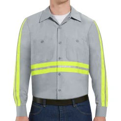 Red Kap Long Sleeve Enhanced Visibility Industrial Work Shirt Grey w/ Yellow Visibility Trim Sale