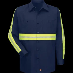 Red Kap Long Sleeve Enhanced Visibility Cotton Work Shirt Navy w/ Yellow Visibility Trim Discount