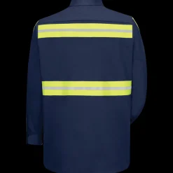 Red Kap Long Sleeve Enhanced Visibility Cotton Work Shirt Navy w/ Yellow Visibility Trim Discount