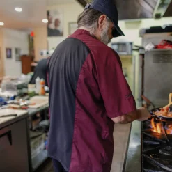 Red Kap Men's Airflow Raglan Chef Coat with OilBlok Merlot Heather with Black Mesh Best