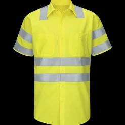 Red Kap Men's Hi-Visibility Short Sleeve Ripstop Work Shirt - Type R, Class 3 Fluorescent Yellow Clearance