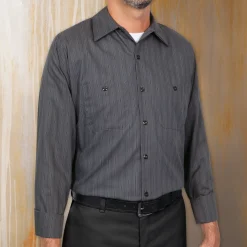 Red Kap Men's Long Sleeve Industrial Striped Work Shirt Charcoal w/ Blue / White Stripe Fashion