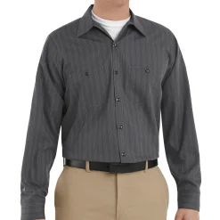 Red Kap Men's Long Sleeve Industrial Striped Work Shirt Charcoal w/ Blue / White Stripe Fashion