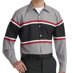 Red Kap Men's Long Sleeve Technician Shirt Grey / Black w/Red / White Stripe Fashion