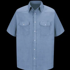 Red Kap Men's Short Sleeve Deluxe Western Style Shirt Light Blue Sale