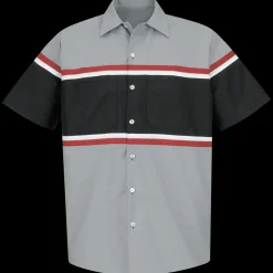 Red Kap Men's Short Sleeve Technician Shirt Grey / Black w/Red / White Stripe Outlet