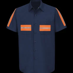 Red Kap Short Sleeve Enhanced Visibility Shirt Navy w/ Orange Visibility Trim Clearance