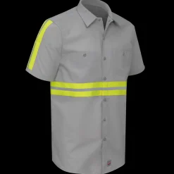 Red Kap Short Sleeve Enhanced Visibility Industrial Work Shirt Grey w/ Yellow Visibility Trim Fashion