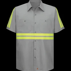 Red Kap Short Sleeve Enhanced Visibility Cotton Work Shirt Grey w/ Yellow Visibility Trim Discount